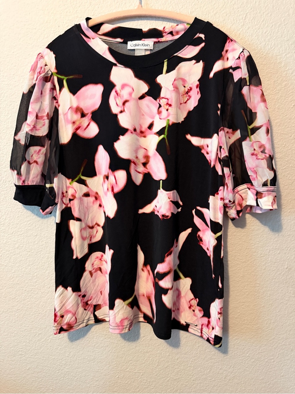Calvin Klein Black Top with Pink Floral Print and Sheer Puff Sleeves
